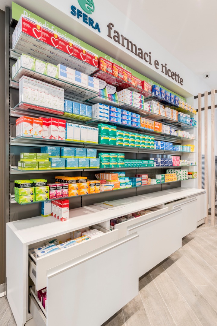 modern pharmacy shelves