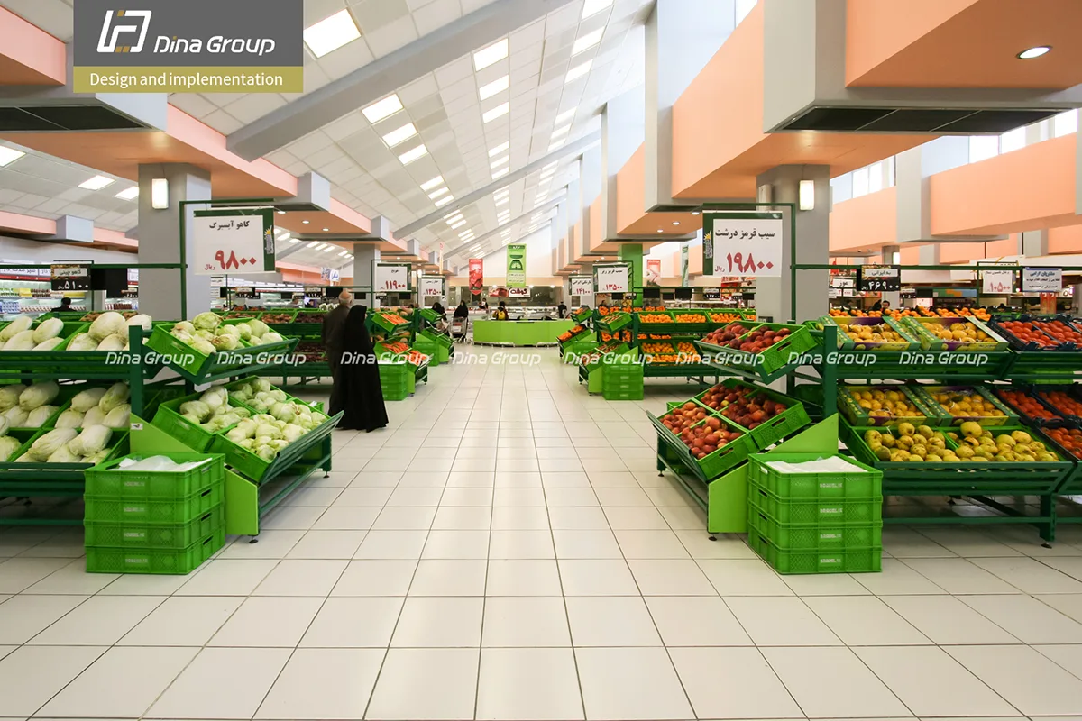 Supermarket fruit and vegetable display basket shelves
