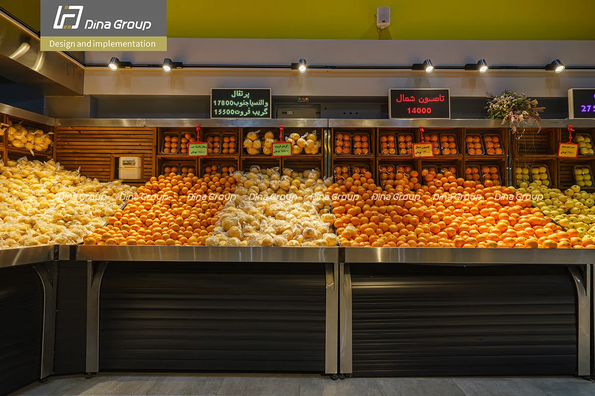 Supermarket fruit and vegetable display basket shelves