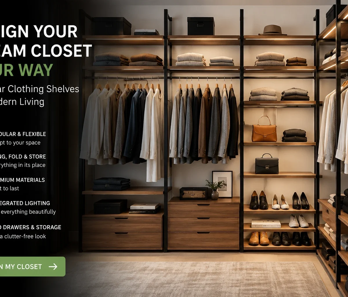 Modular Clothing Shelves for Beautiful, Organised Homes clothing shelves for home open wardrobe system modular wardrobe system clothes rack with shelves closet shelving system walk-in closet shelving bedroom wardrobe shelving open closet system custom closet system Open Wardrobe Systems & Clothing Shelves for Home