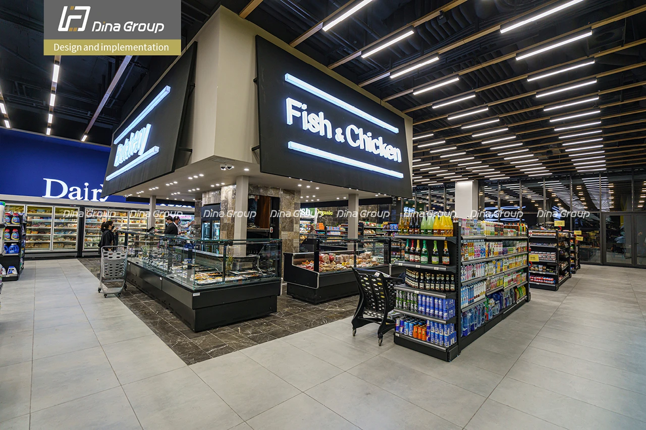 Fresh produce and refrigerated lines in supermarket designed by Dina Group