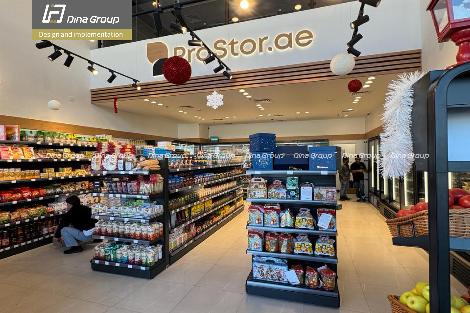 Dubai Prostor store interior – vertical freezers, shelving systems, and illuminated product displays