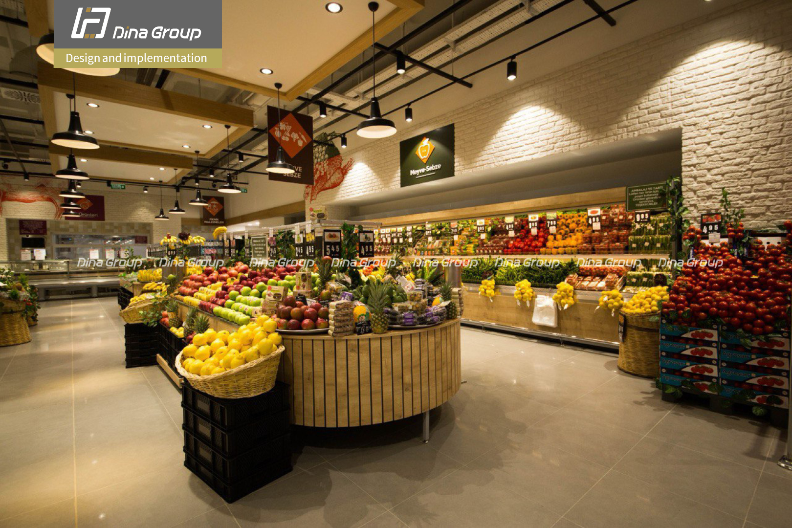 Wall fruit and vegetable shelving line in grocery store