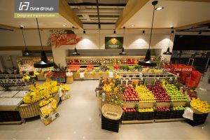 Dina Group - Supermarket design and Shop equipment Store fit-out hypermarket fruits & vegetables section Hypermarket fresh produce section with premium displays