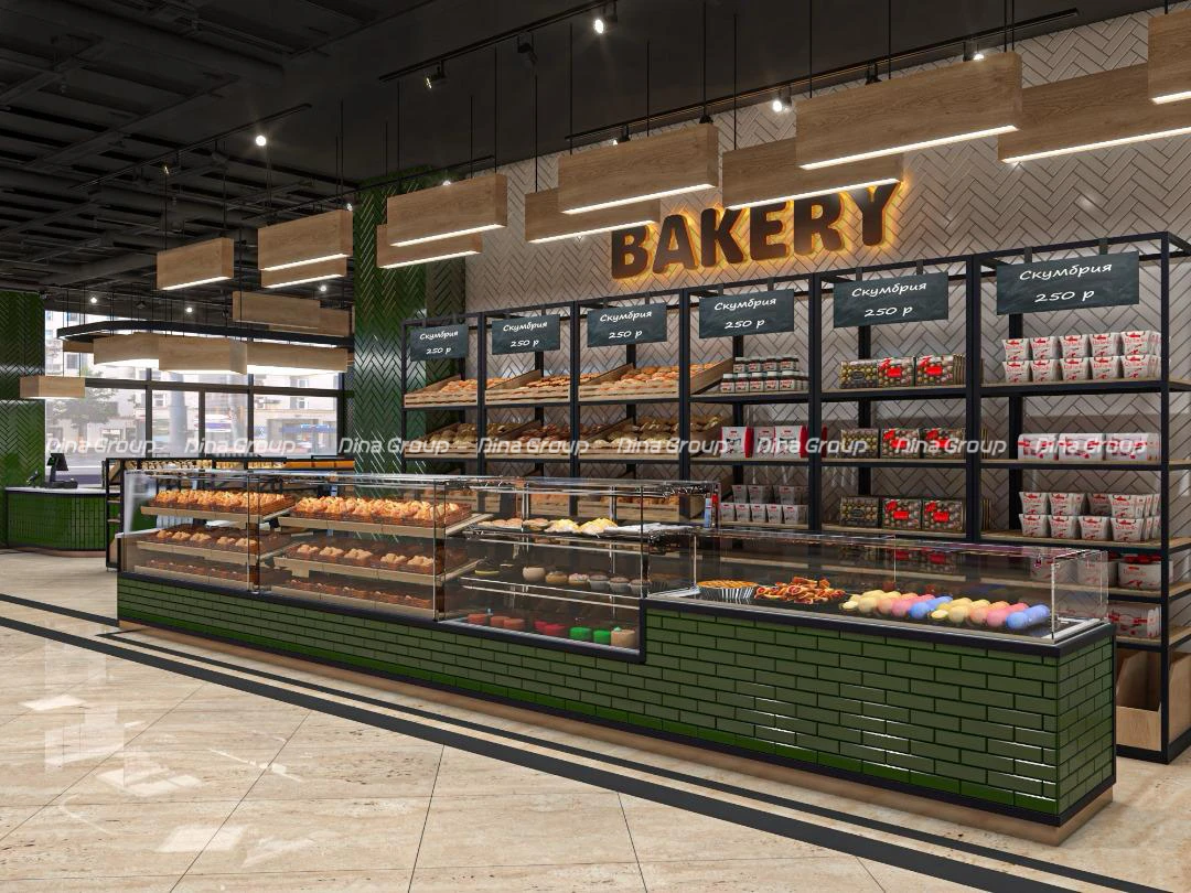 Full view of bakery design with bread wall and showcases by Dina Group